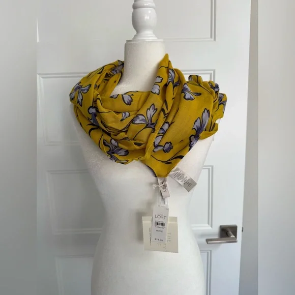 NWT LOFT Mustard Yellow and Blue Floral Infinity Scarf - Picture 1 of 2